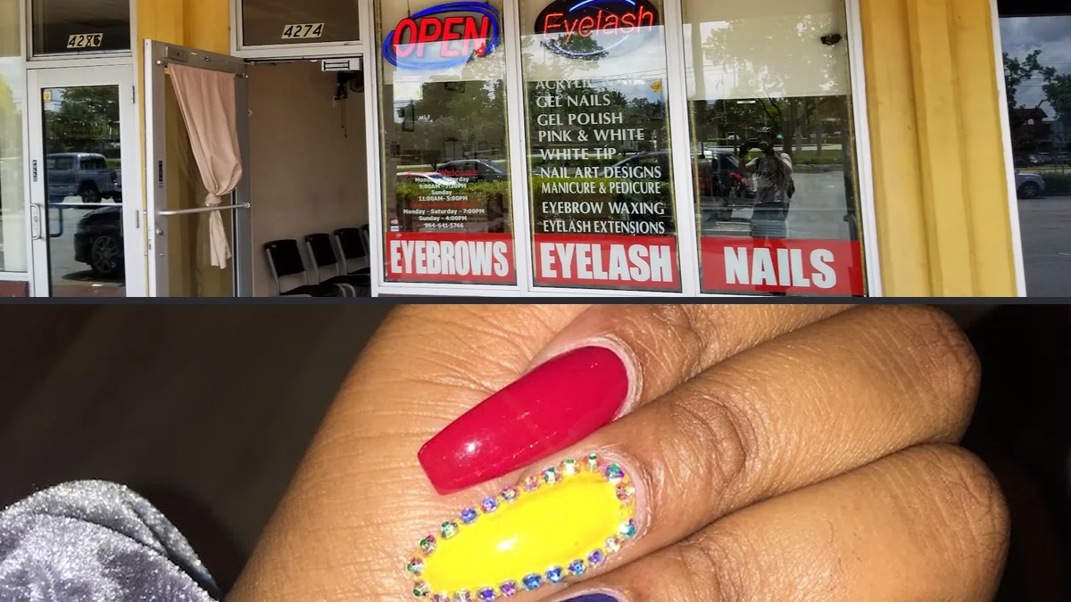 Nail salon stations with polish bottles and tools