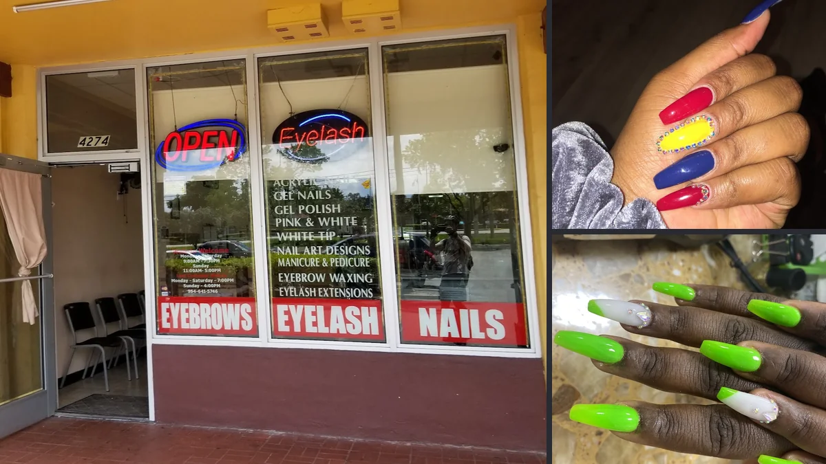 Nail salon stations with polish bottles and tools
